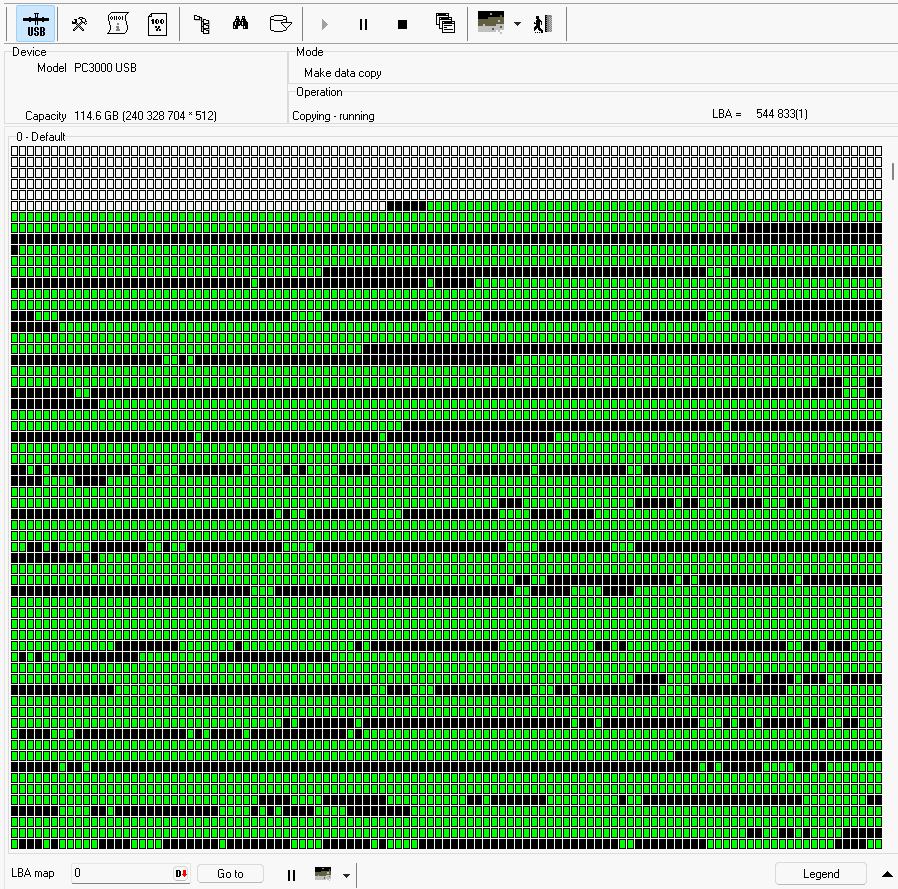 PC-3000 USB LBA map during the imaging pass, showing readable regions in green with scattered black blocks that failed on first read
